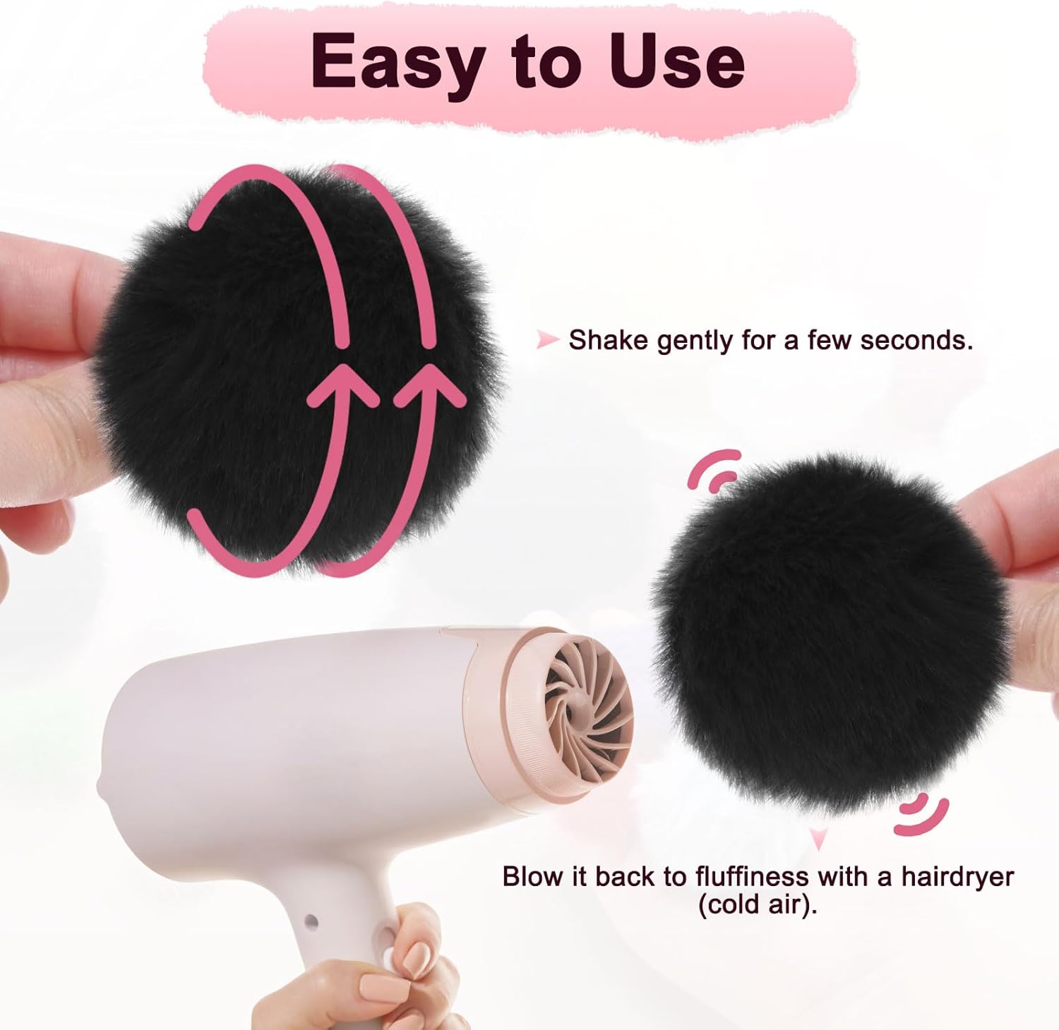 M METERXITY 20-Pack Faux Fur Pom Poms, 2 Inch/ 5 cm Soft Fluffy Pompoms Balls Faux Rabbit Fur with Elastic Loop for Hats/Bags/Keychains/Knitting Accessories/DIY Crafts [Black] - Image 4