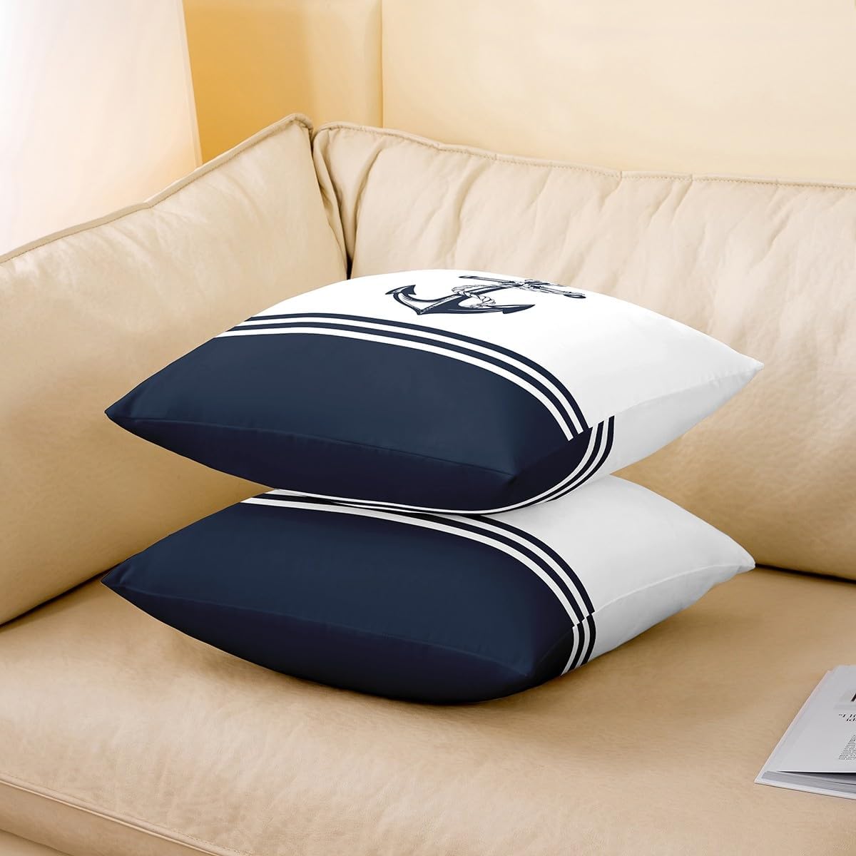 Anchor Decor Throw Pillow Covers 24"x24" Set of 2 Soft Kids Nautical Themed Decorative Throw Pillowcases for Ocean Coastal Pillow Cases Cushion Covers Sea Adventure Navy Blue White Cushion Cases