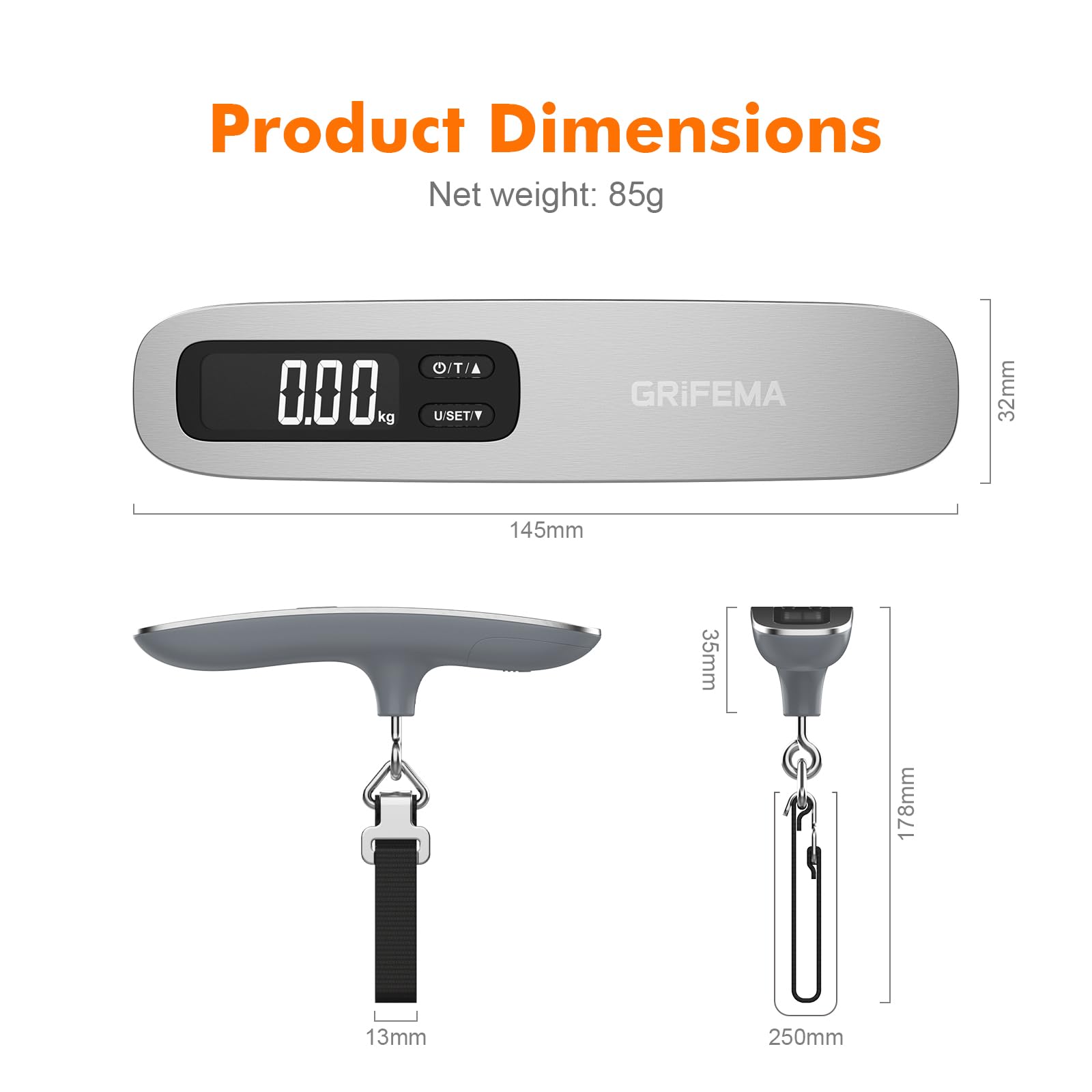 GRIFEMA GA2006 Cyfrowa waga bagażowa, 50 kg, dokładność 50 g, wyświetlacz LCD z podświetleniem, funkcja tarowania, kompaktowa i przenośna konstrukcja, do podróży i wysyłki