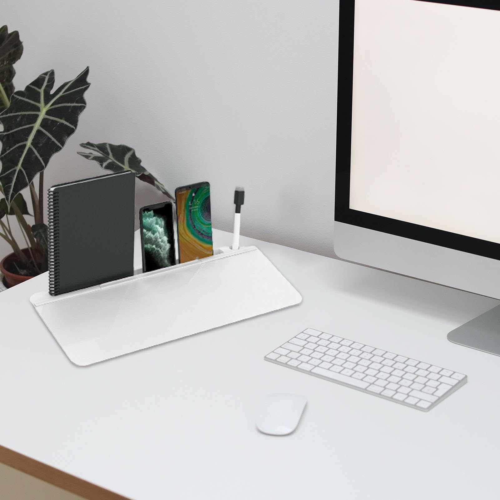 Lavagna bianca da scrivania, piccola lavagna cancellabile a secco, in vetro, con cassetto, supporto per tastiera del computer per attività, appunti e appuntamenti, materiale scolastico | Organizer da scrivania con 3 pennarelli, supporto per tastiera per c