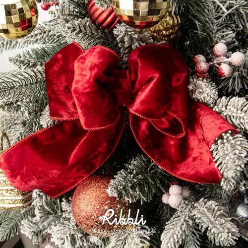Image of Ribbli Red Velvet Wired Ribbon 4 Inch Metallic Red Gold Crushed Velvet Christmas Ribbon for Gift Wrapping Christmas Tree Decoration Crafts Wreaths Supplies-Continuous 10 Yards