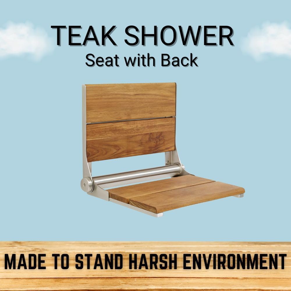 Folding Shower Seat Wall Mounted with Back | 500 lbs Maximum Load Capacity | ADA Compliant Safety Assist Teak Shower Seat for Seniors, Handicapped, and Children | 304 Stainless Steel Frame | 18” x 16”