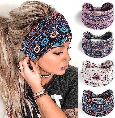 FULZTEY Chic Floral Printed Hairbands Boho Wide Headbands for Women 4Pcs