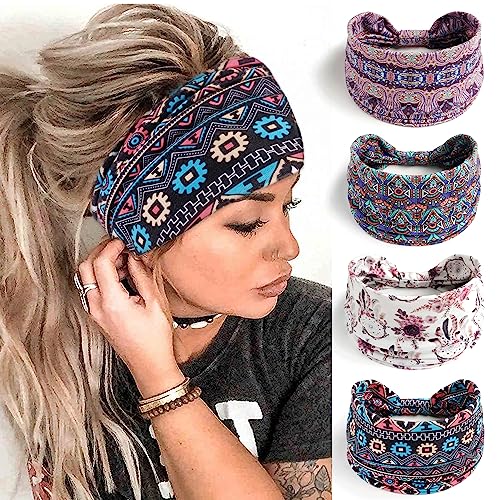 FULZTEY Chic Floral Printed Hairbands Boho Wide Headbands for Women 4Pcs