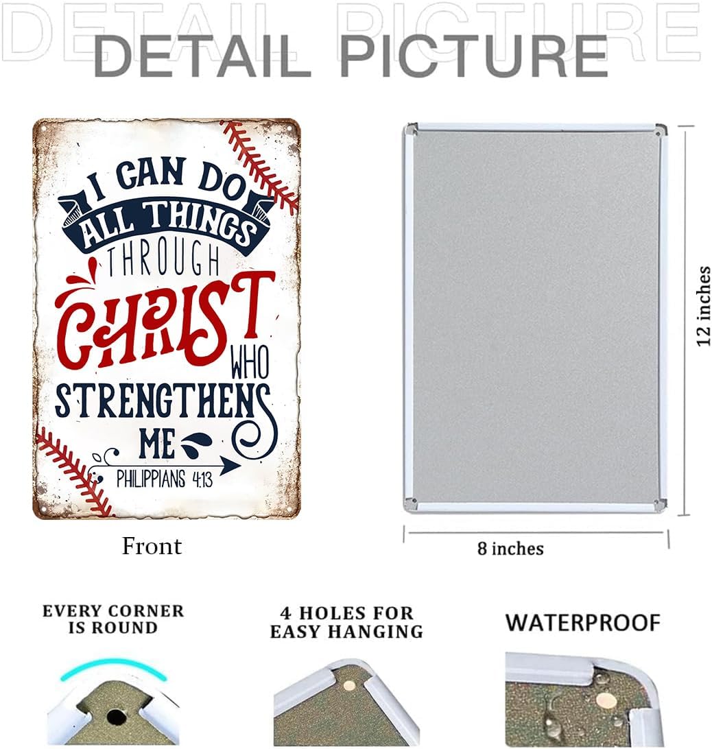 Baseball Decor Baseball Accessories Inspirational Baseball Sign Vintage Metal Tin Sign Baseball Gifts I Can Do All Things Through Christ Signs For Boys Room Sports Decor Baseball Wall Decorations 8x12 Inch