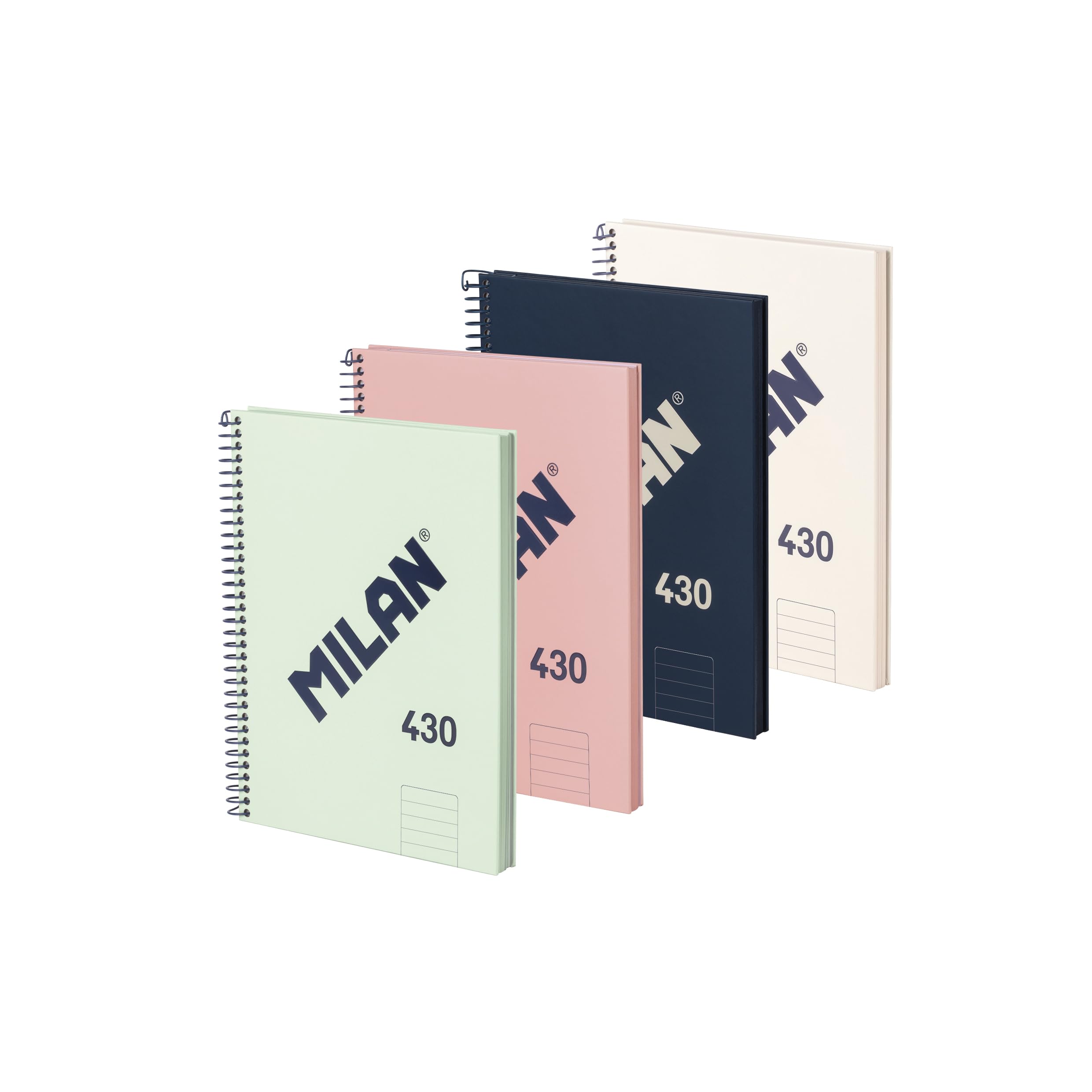 MILAN® Pack 4 cuadernos A5 con tapa dura, papel a líneas (7 mm), 80 hojas de 95 gr/m², colección goma 430