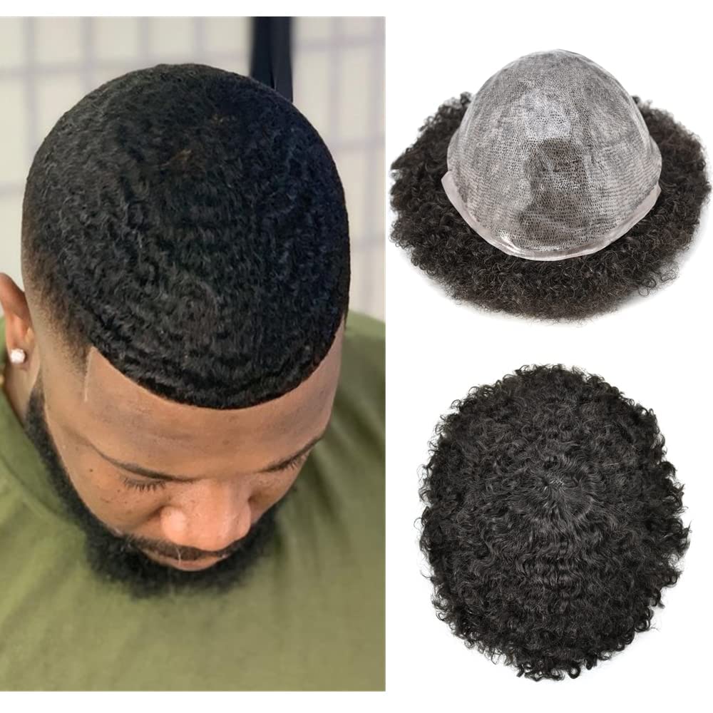Afro Toupee for Black Men Kinky Curly Hairpieces Full Poly Skin PU Mens Toupee Hair Units Brazilian Human Hair Prosthesis 10mm 1b#off black