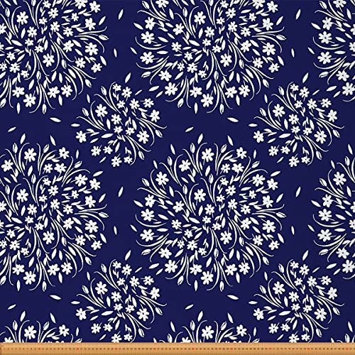 Floral Fabric by The Yard,Vintage Little Floral Upholstery Fabric for Chairs,Traditional Botanical Fabric for Upholstery and DIY Projects,1 Yard,(L92*W150cm) Navy Blue White