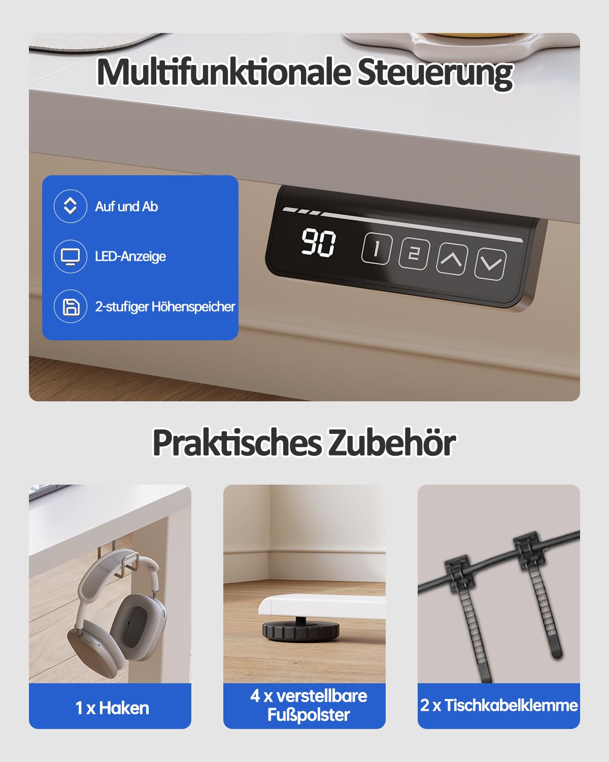 Devoko Elektrisch Höhenverstellbarer Schreibtisch 120 x 60cm, Steh-Sitz Bürotisch mit Memory-Funktion, Weiß