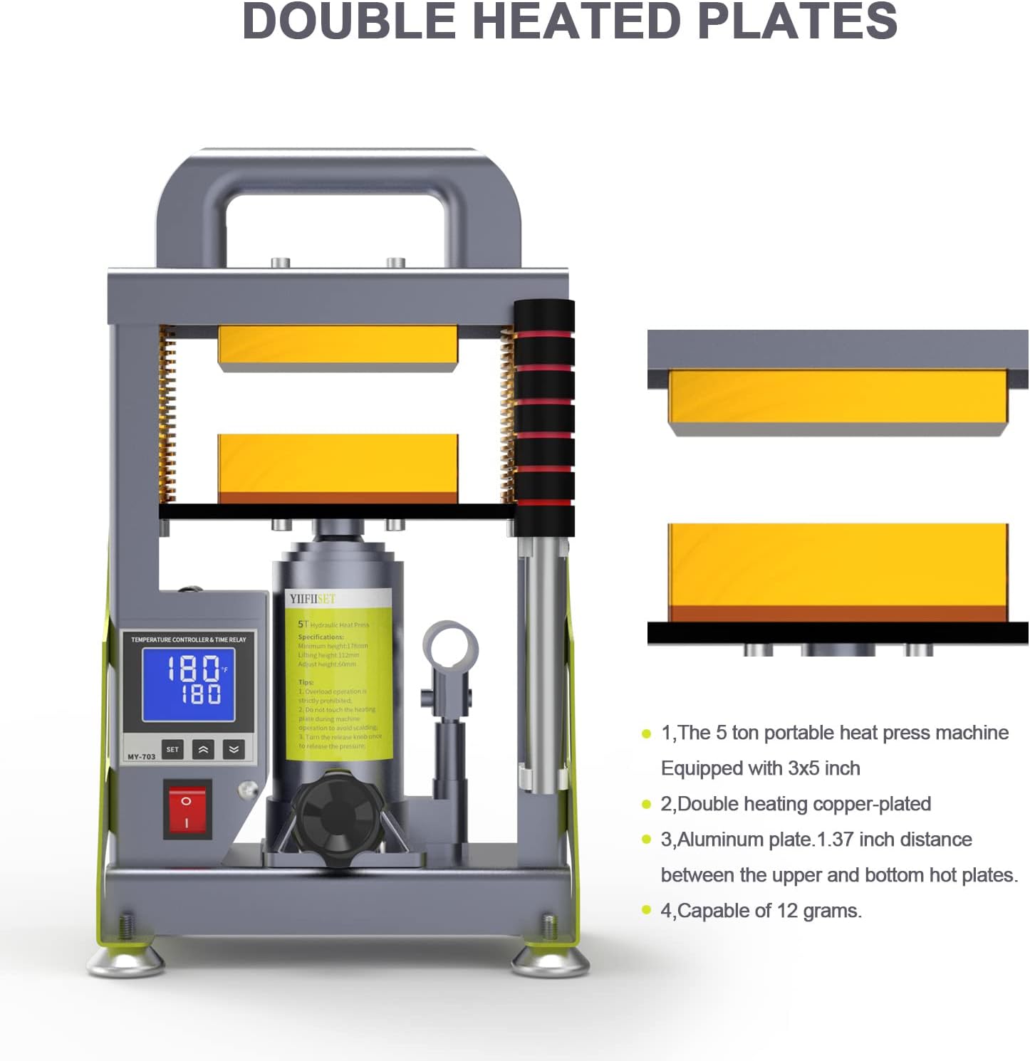 5 Ton Hydraulic Heat Press Machine with 3x5 inch Heated Plates,Auto Temperature Adjustment Heat Press