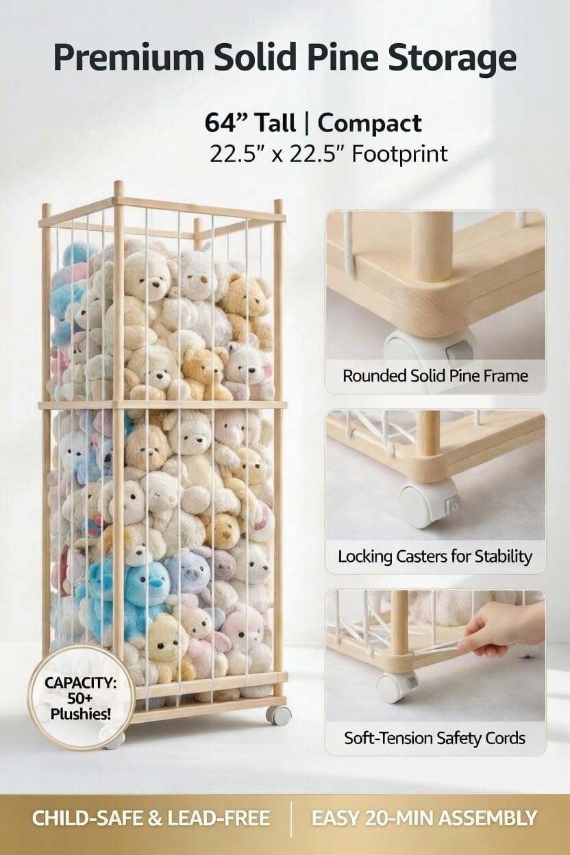 Stuffed Animal Storage & Organizer, Extra Large 64” Solid Pine Wood Plush Zoo Tower with Locking Wheels, Space-Saving Vertical Toy Holder for Kids Bedroom, Nursery, Playroom - Image 3