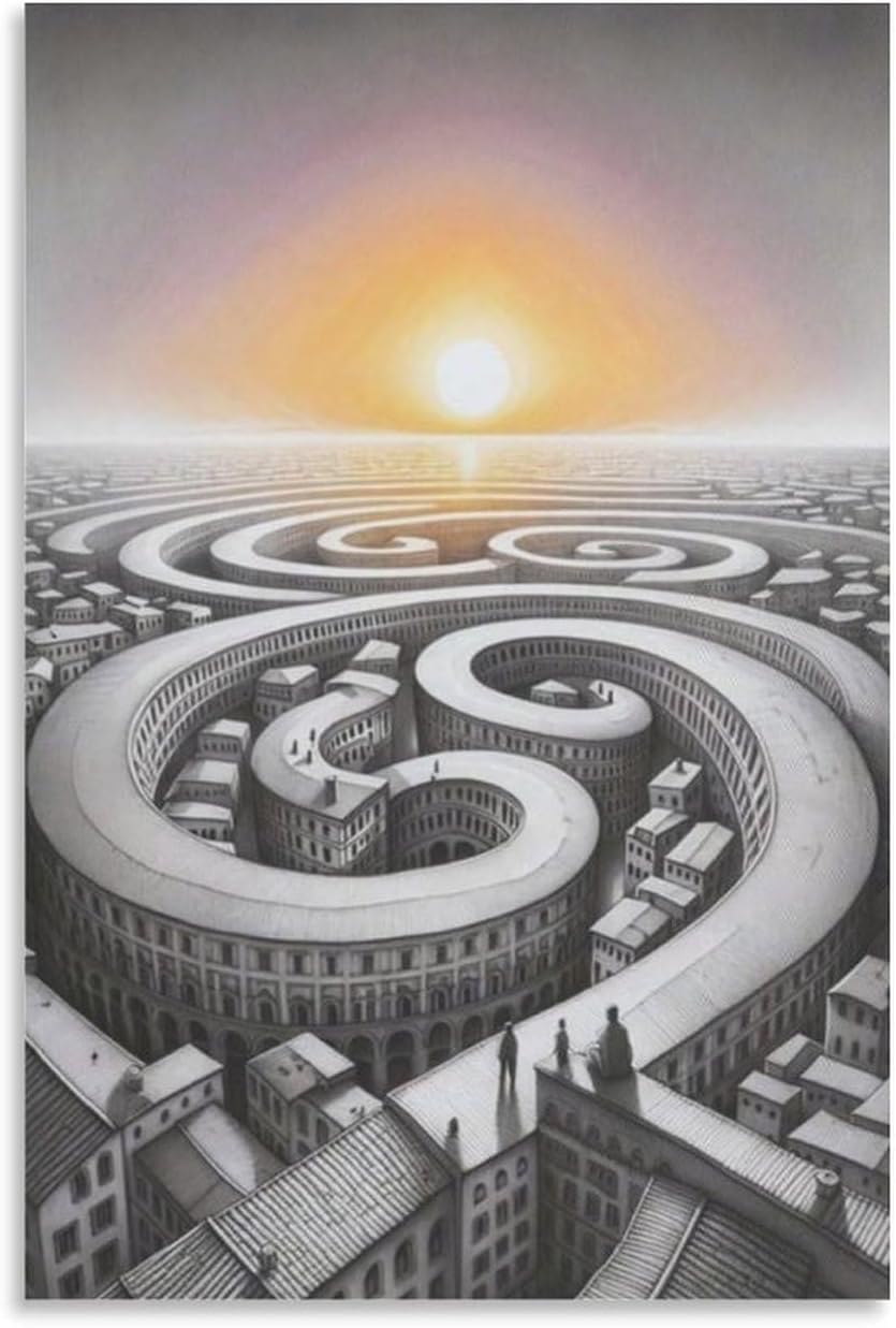 Matvsd Kohecs M.C. Escher Wall Art Cityscape Picture《Optical Illusion》Poster Surrealism Canvas Painting M.C. Escher Prints for Office Decor 30x45cm Frameless