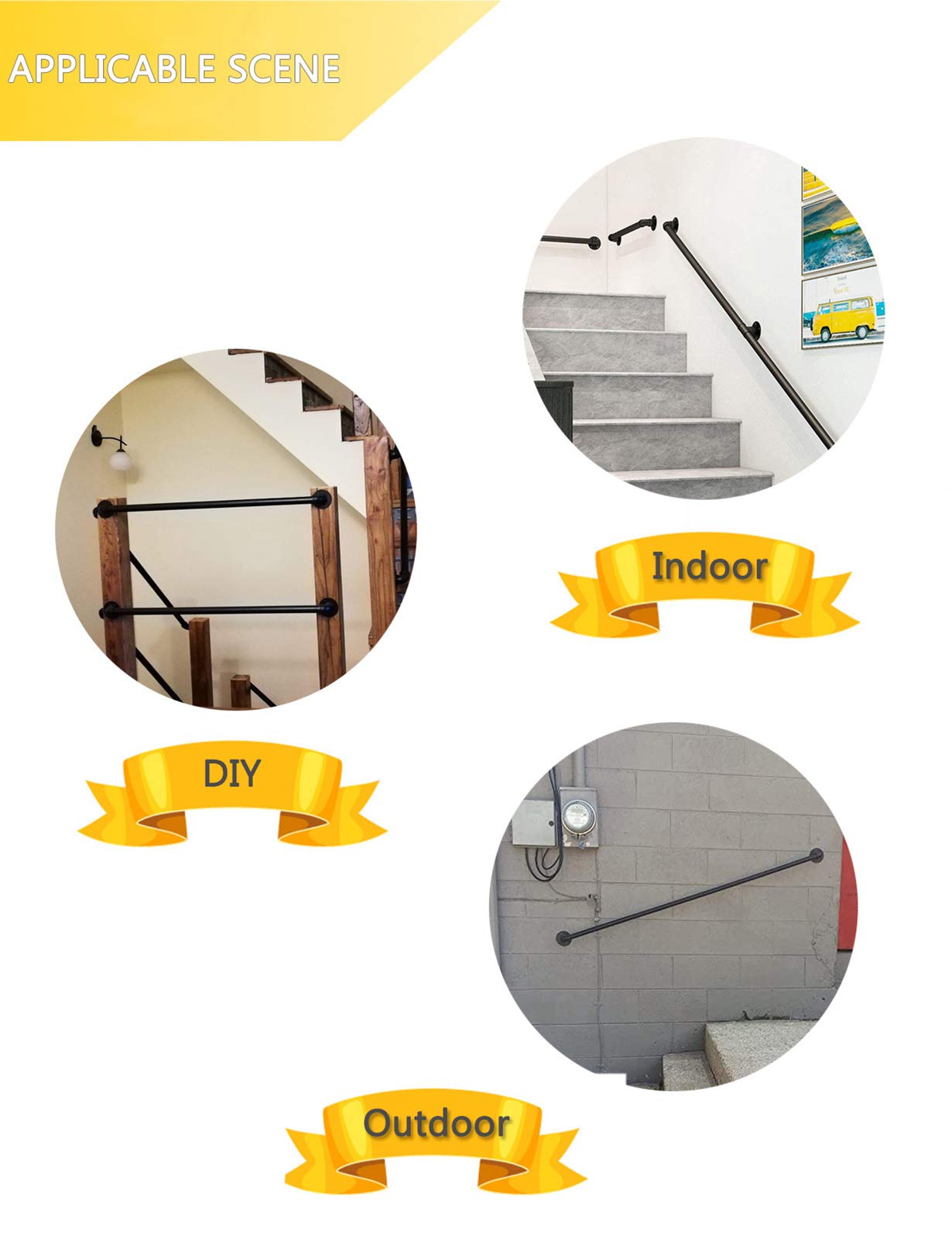 Industriel Garde-Corps pour escaliers Ensemble de Main Courante de sous-Sol Black Pipe Barre de Support en Fonte Marche extérieure intérieure, Supporte 440 Livres