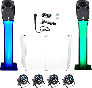 Rockville RPG152K Bundle: Dual 15" Bluetooth Powered DJ/PA Speakers, (2) RTP32W Totem Moving Head Light Stands, RFAAW DJ Event Facade White Scrim & Bag, (4) RockPAR50 RGB Par Can Wash Lights, 8-Items