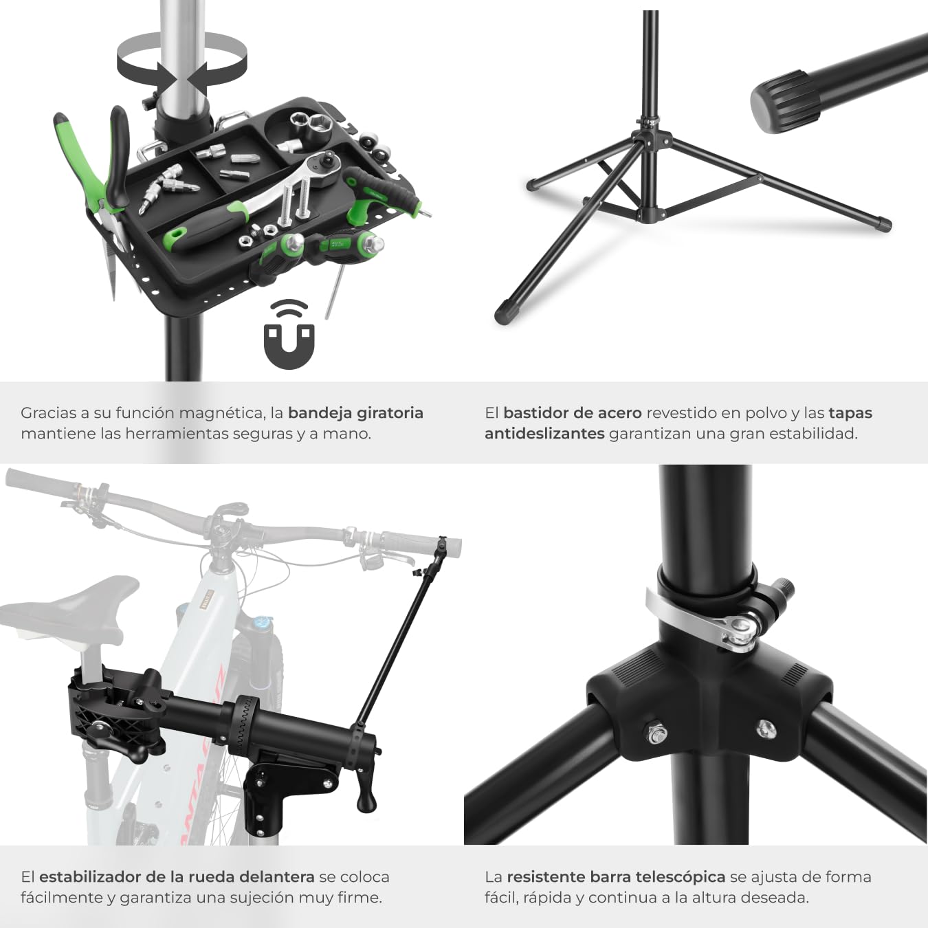tectake® Soporte Bicicleta Taller, Bandeja Magnética Giratoria, Caballete Bicicleta Plegable, Herramientas Bicicleta Eléctrica Montaña o Carretera, Soporte Taller Bicicleta Ajustable, Carga Max 50 kg