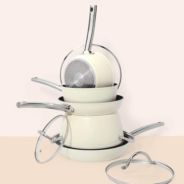 8pc Forged Aluminium Pan Set | Nonstick & Scratch Resistant Ceramic Coating Cookware | Cream