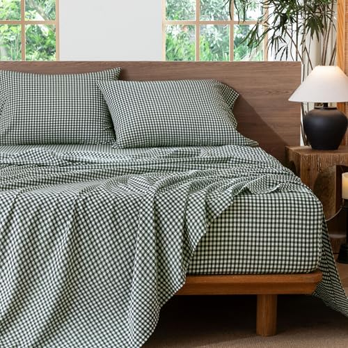 Image of MooMee Gingham Sheet Set 100% Washed Cotton Linen Like Textured Breathable Soft w /Fully Elasticized 16-19 inch Deep Pocket (Mini Gingham Forest Green, Queen)