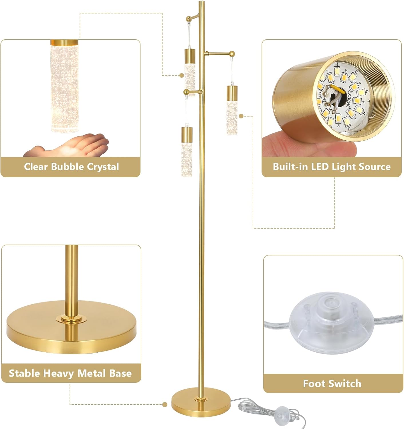 Gold Floor Lamps for Living Room, Modern Brass Standing Lamp with Bubble Crystal Shades, 3 Built-in LED Lights, ON/Off Foot Switch, Industrial Tall Tree Lamp for Bedroom Corner Home Office