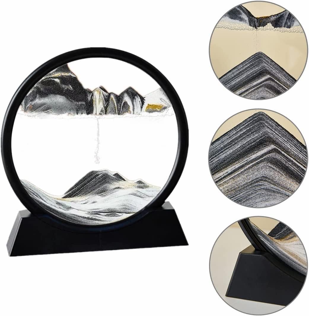 Arthink Moving Sand Art Picture in Motion Round Glass 3D Deep Sea Landscape, Dynamic Sand Art Sandscapes, Sensory Relaxing Desktop Table Decor Desk Decor Art Desk (7 inch, Black)