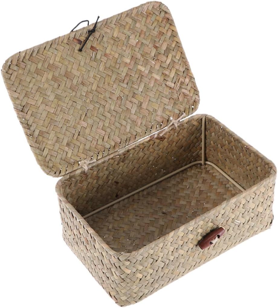 Woven Storage Basket Box with Cover, Grass Weave for Bedroom