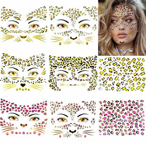Image of 8 Sheets Gold Glitter Leopard Face Temporary Tattoos Stickers, Glitter Fake Cheetah Face Whisker Tattoos Stickers for Halloween Costume Makeup for Kids Adults Women Men