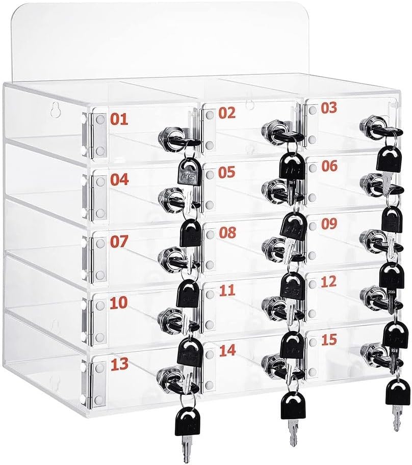 Lockable Acrylic Cell Phone Storage Cabinet - Clear Mobile Phone Safe Deposit Box for Office & Home - Transparent Organizer for Phones & Accessories (15 Slots)