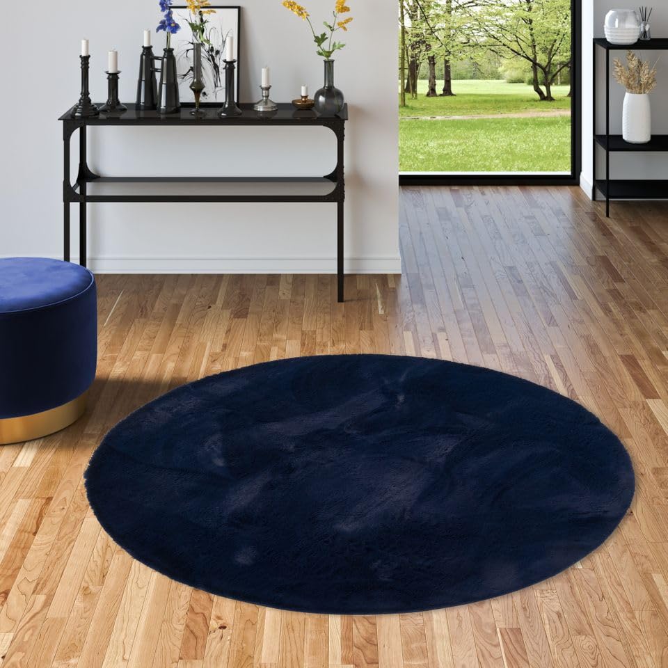 Pergamon Luxus Super Soft Kunst Fellteppich Plush Rund Dunkelblau | Super Flauschig | Wohnzimmer...