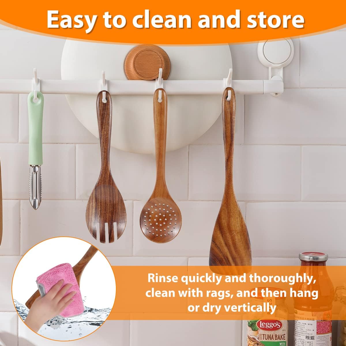 12Pcs Teak Spoons Set Sturdy Cooking Utensils Set with Hanging Hole Wooden Spoons Wood Spatula Spoon Comfortable Grip Colander Fork Set for Kitchen Cooking