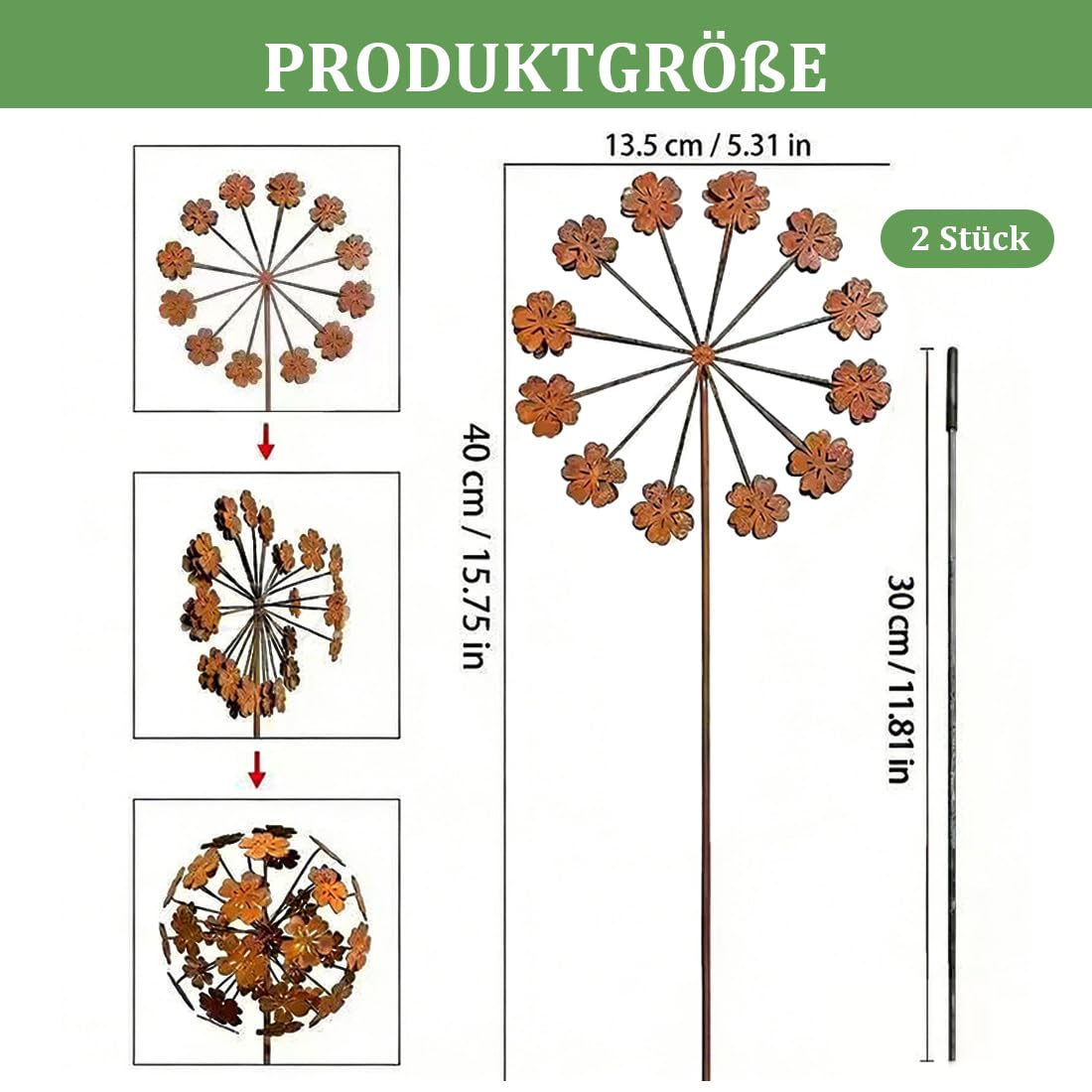 Lot de 2 bouchons de jardin en forme de fleur métal rouille naturelle décoration jardin jardin terrasse balcon jardin avant extérieur