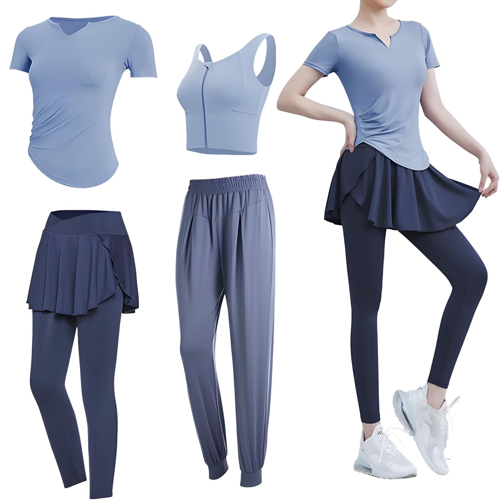Juego de entrenamiento de pilates de 4 piezas para mujer, ropa de yoga que incluye mangas cortas y brasier deportivo sin mangas, material de poliéster y elastano, talla XXL para 135-150 libras