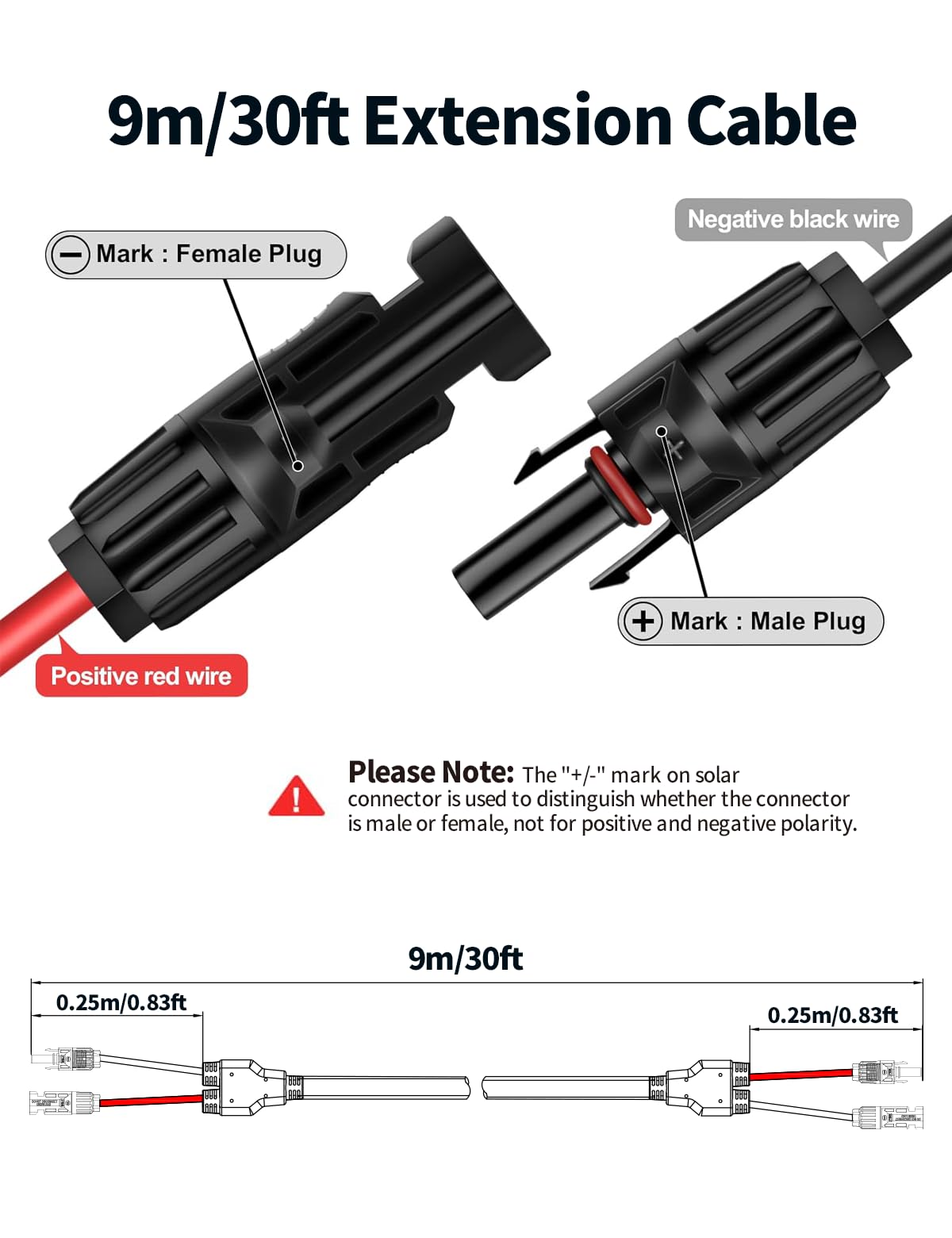 Cavo di prolunga per pannello solare da 0,9 m, 10 AWG, un pezzo unico da 6 mm², con connettori maschio e femmina impermeabili, guaina protettiva ignifuga, cavo fotovoltaico per sistemi solari