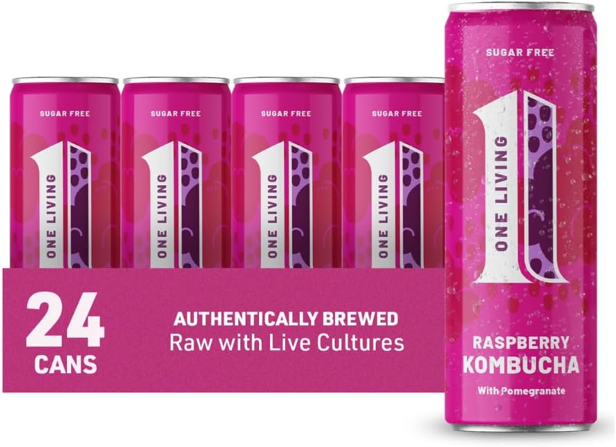 One Living Kombucha Drink - Raspberry with Pomegranate - 24 x 250ml Cans - Sugar Free, Great Tasting Authentically Brewed Kombucha with Live Cultures - Lightly Sparkling, 100% Natural, Vegan