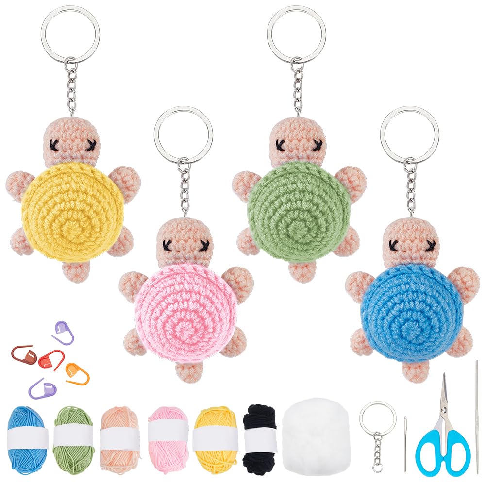 WEBEEDY 4 Sets DIY Crochet Turtle Keychain Beginners Crochet Kit for Adults with Step-by-Step Video Handmade Turtle Keychain Pendant Knitting Kit for