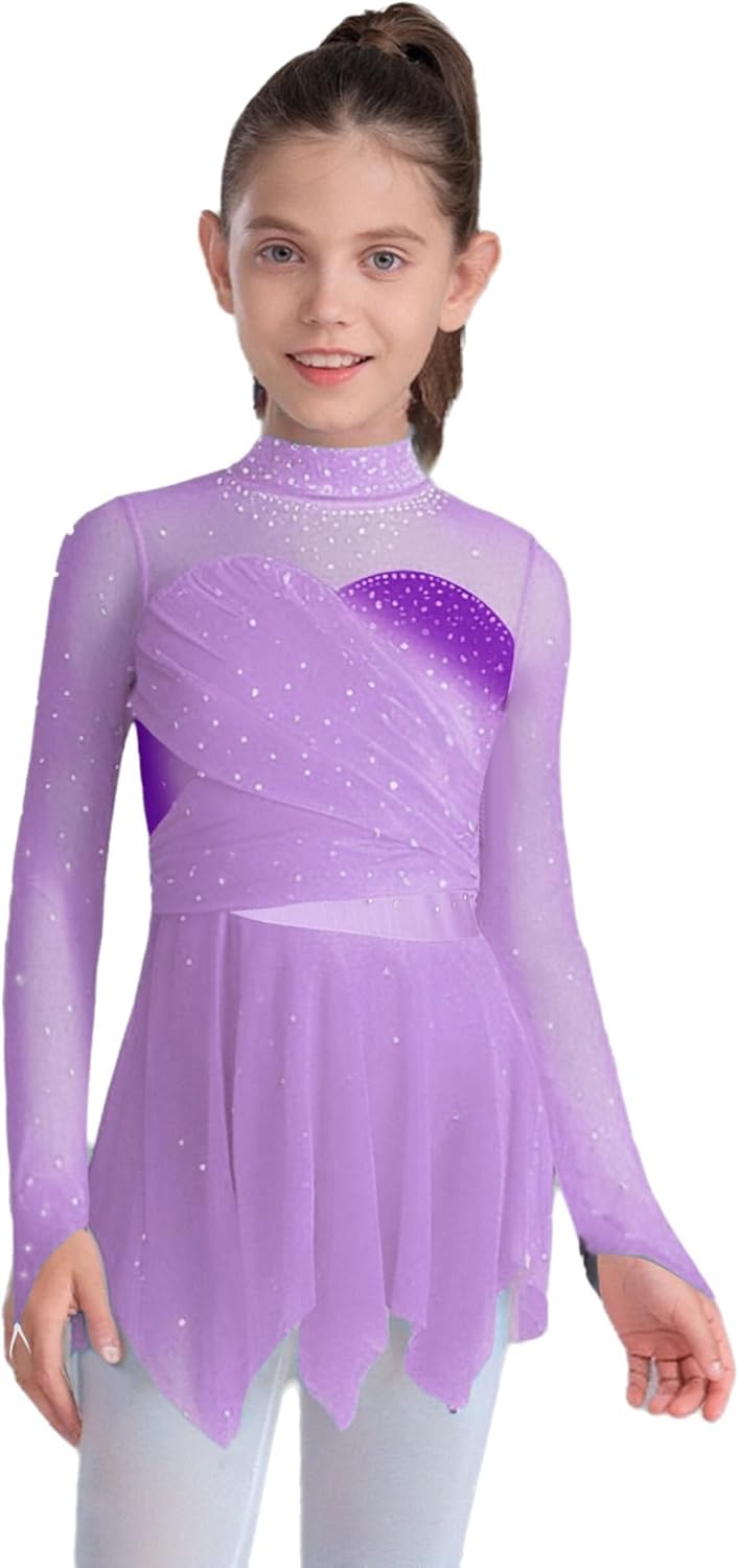 Agoky Kids Girls Figure Skating Dress Mesh Long Sleeve Ballet Skirted Leotard Rhinestone Lyrical Dance Dress