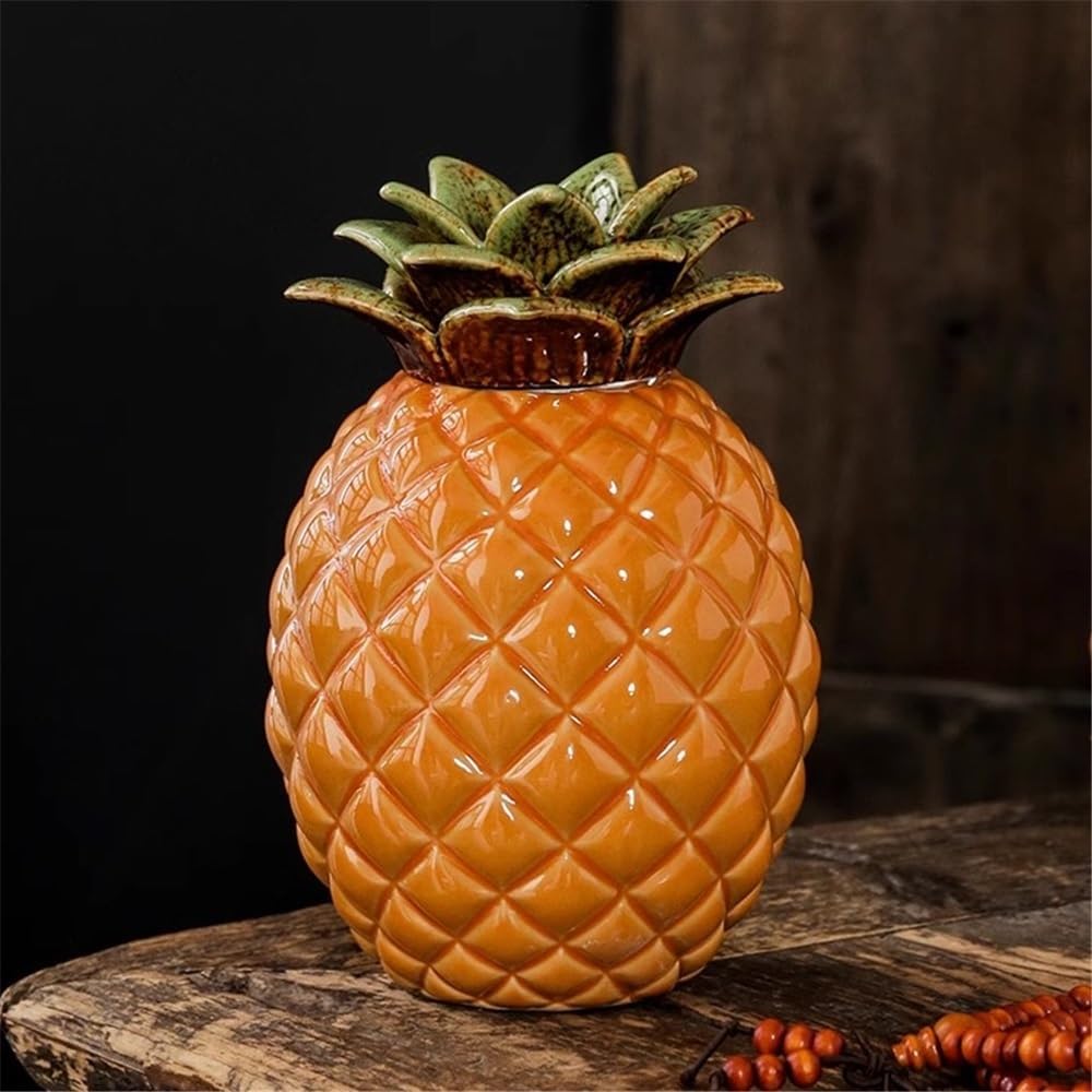 Tea Tin Pineapple Ceramic Tea Canister With Sealed Lid Creative Home Storage Cabinet Ornament Container(Orange)