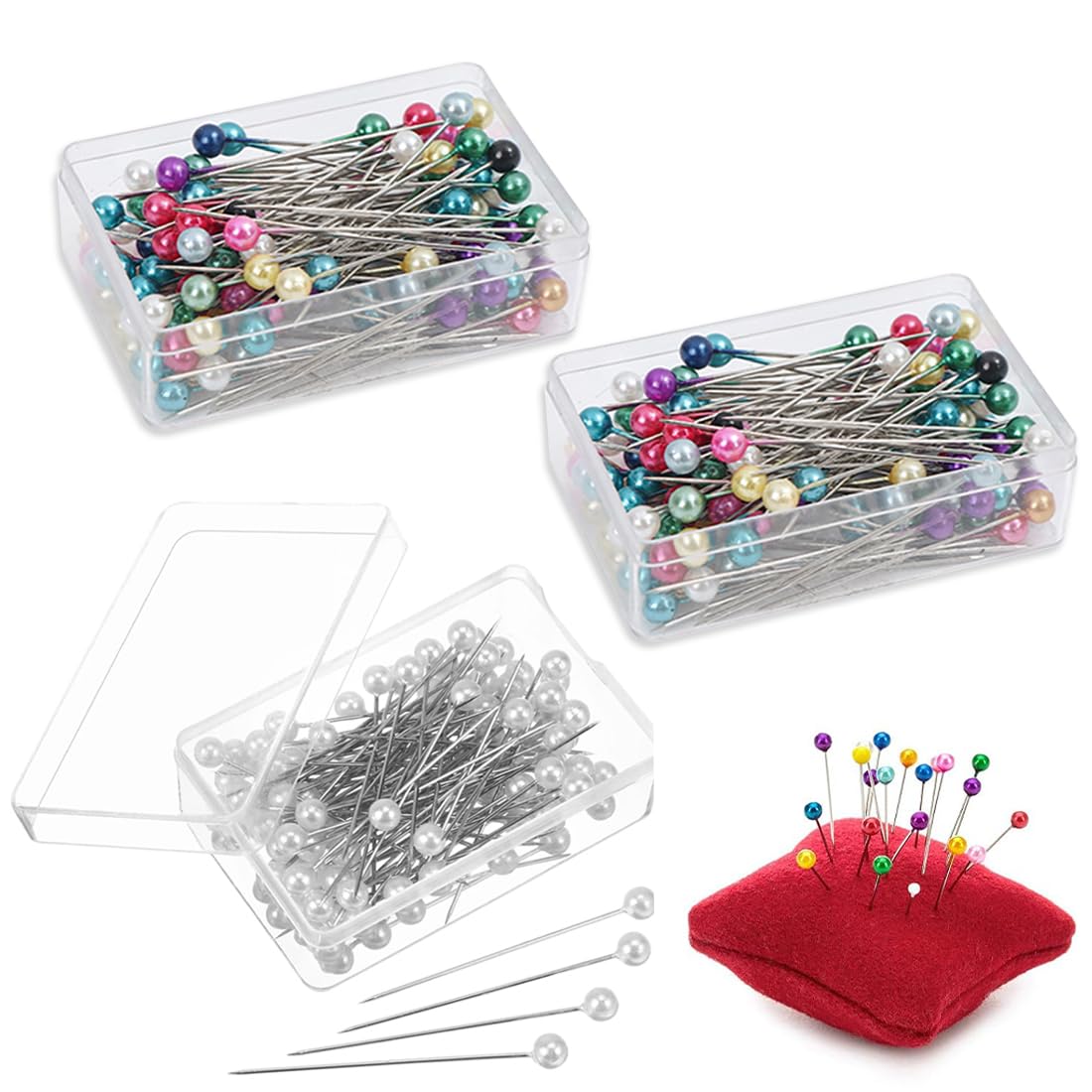 Spilli da Sarta, 300 Pcs Testa Vetro, 40mm Spilli Dritti Tonda, Multicolorecon Scatola per Artigianato Cucito Fai, Sartoria Gioielli Componenti Fiore Decorazione