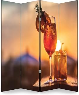 4 Panel Room Divider Screen Two Cocktails Sunset Folding Privacy Screen Canvas Wall Divider Wood Room Separator Portable Freestanding Partition 6Ft