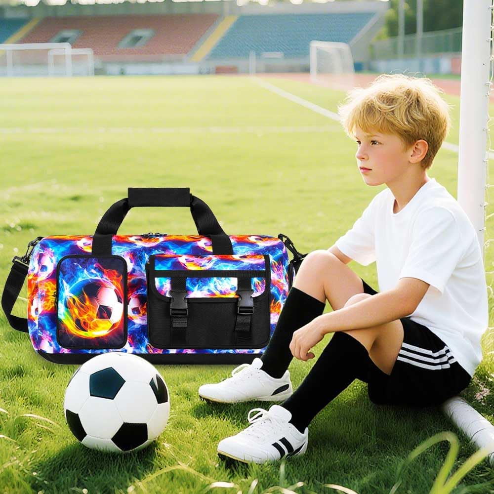 Boys Duffle Bag, Kids Water Resistant Travel Bag with Separate Shoe Compartment for Sports, Gym, Overnight Weekender - Flame Soccer - Image 6