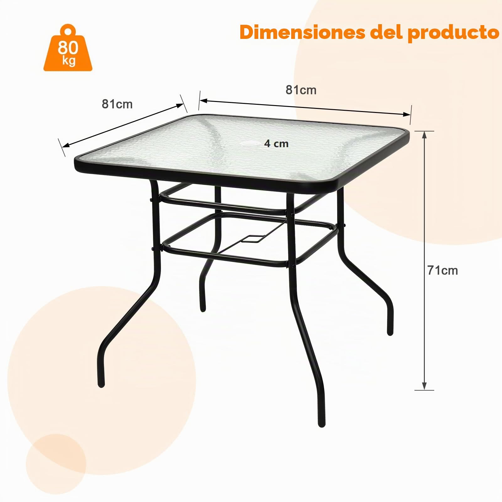 GIANTEX Mesa Cuadrada de Cristal de Exterior, Mesa de Jardín con Agujero para Sombrilla, Mesa de Comedor para Terraza, Jardín, Balcón, Patio (80 x 80 x 71 cm)