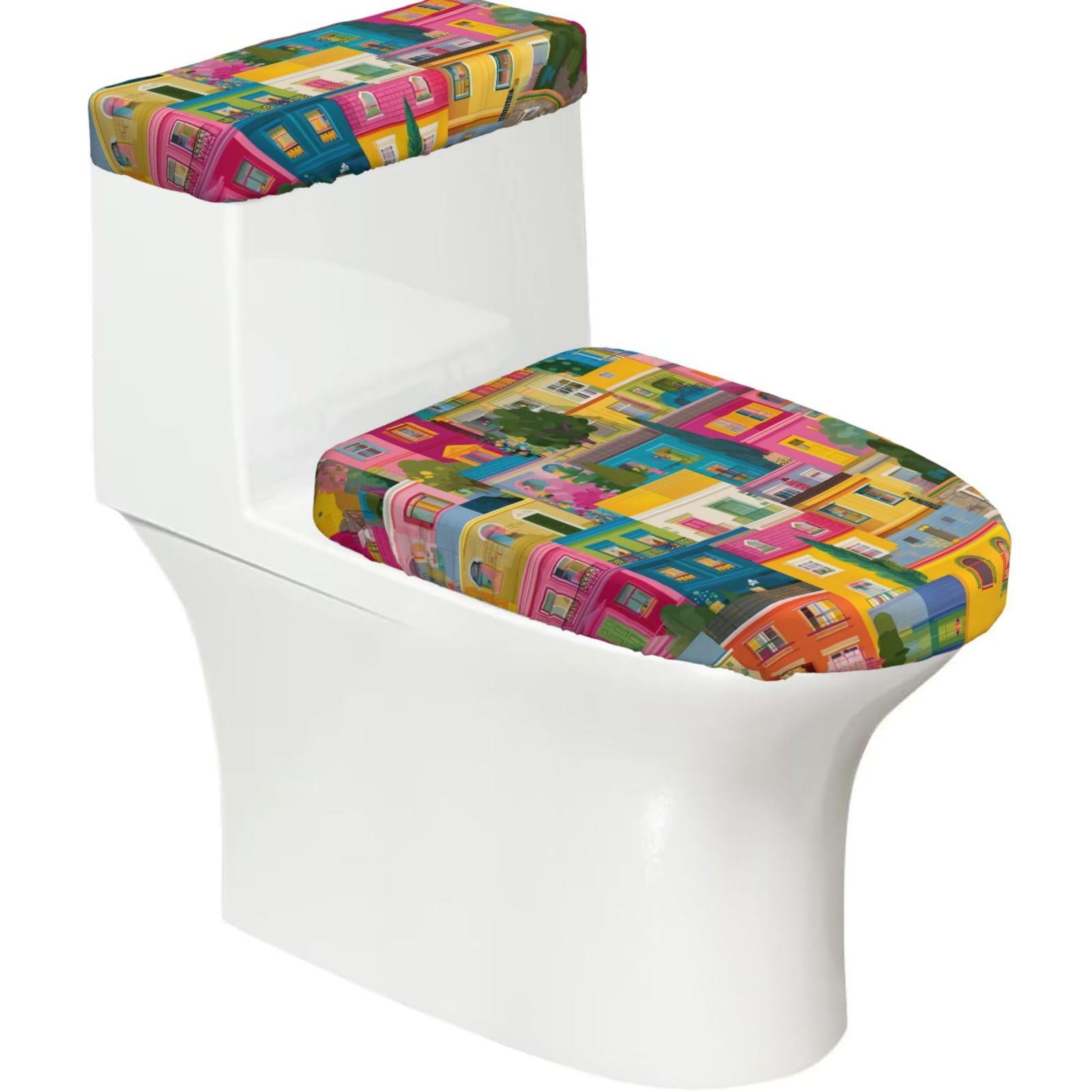 Colorful Houses 2-Piece Toilet Seat Cover Set with Tank Lid - Elastic for U-Shape & Elongated - Bathroom Decor