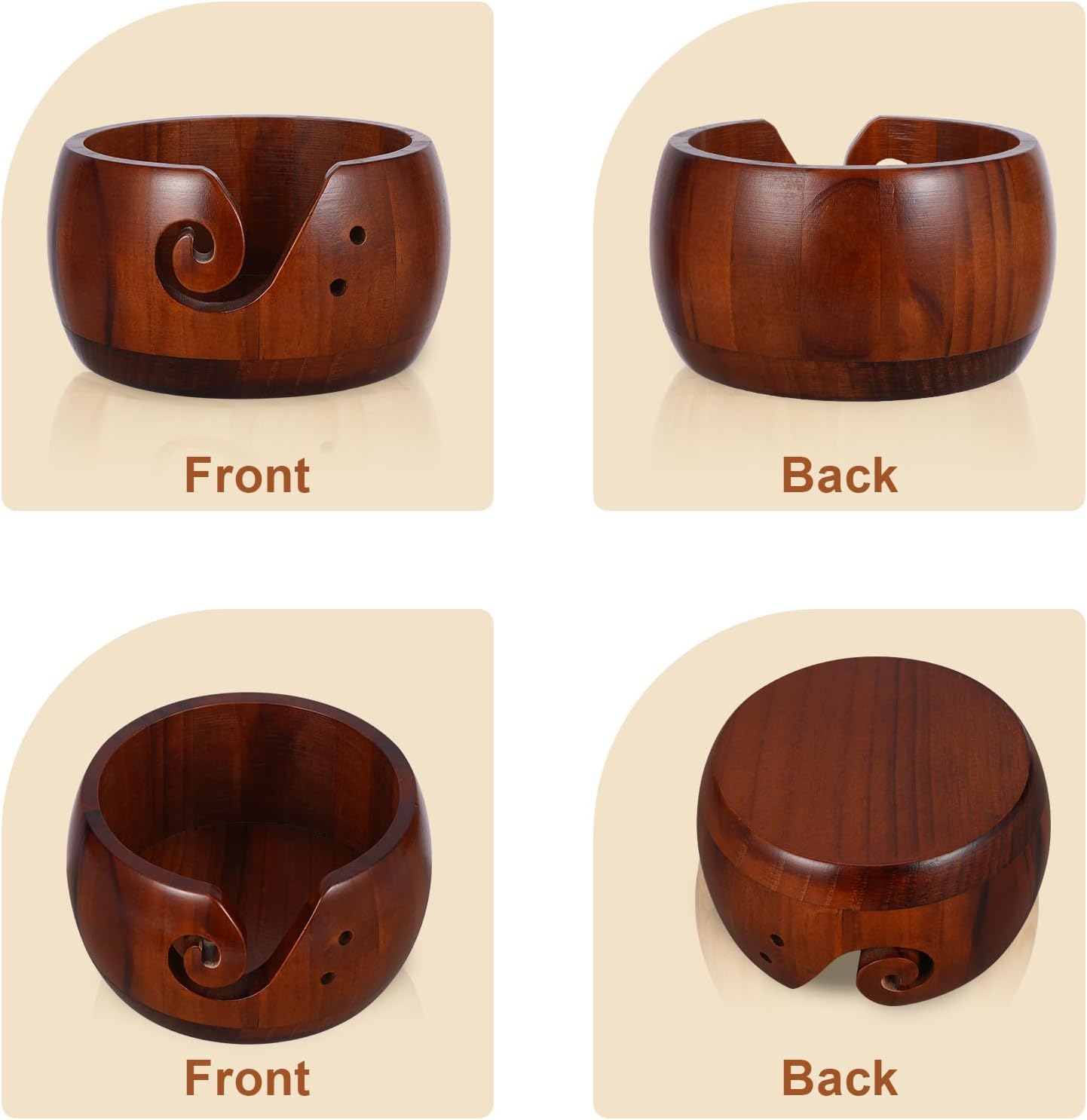 Wooden Yarn Bowl with 8Pcs Metal Crochet Hooks, Knitting Yarn Bowl with Holes Storage Handmade to Prevent Slipping, Perfect Yarn Holder Bowl for Crocheting and Knitting Mother's Day Gift 5" x 3"