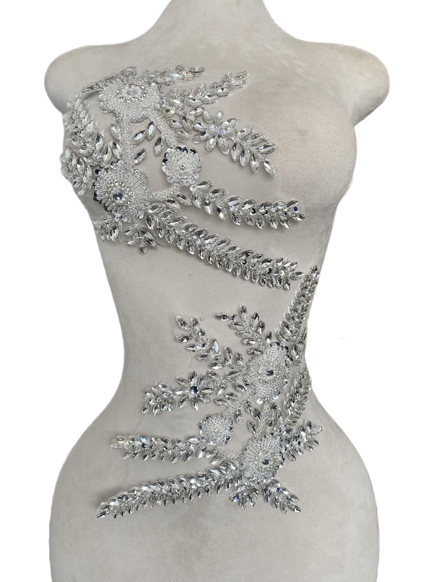 Two Colors Handmade Beaded Crystal Patches Bodice Lace DIY Applique Patches Accessory for Dress Clothes 1 Pair 8X12inches (Silver)