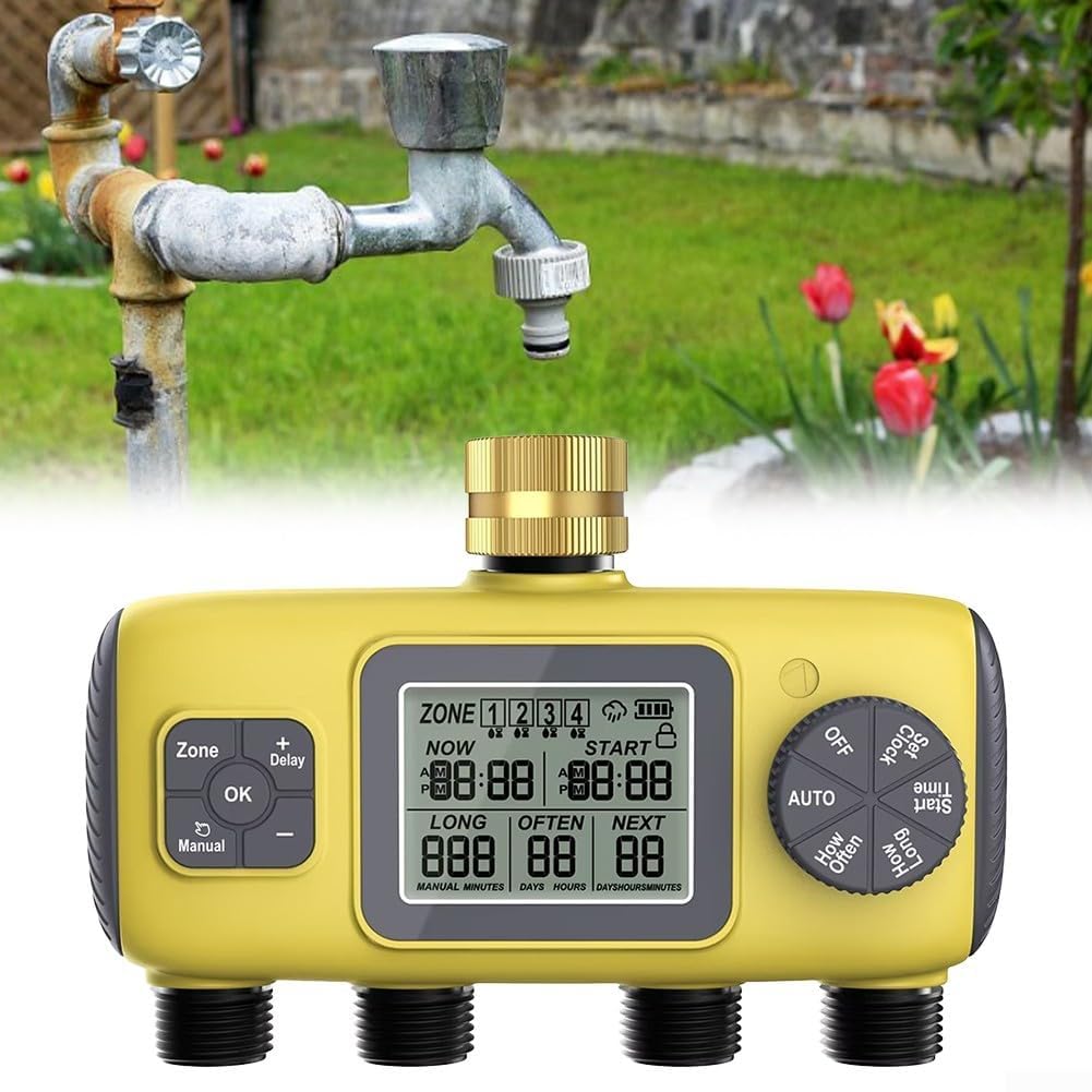 Timer automatico a 4 vie per irrigazione da giardino, sistema di pianificazione per irrigazione da esterno, con 4 uscite per la cura del prato e l'irrigazione delle piante da patio