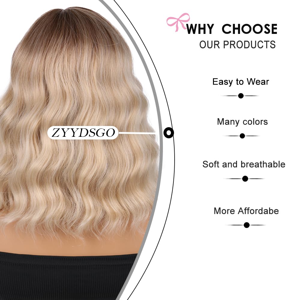 Ombre Blonde Wig Short Wavy Wig for Women Bangs Wigs Cosplay Shoulder Length Bob Curly Women's Charming Synthetic Wigs Ombre Blonde - Image 5