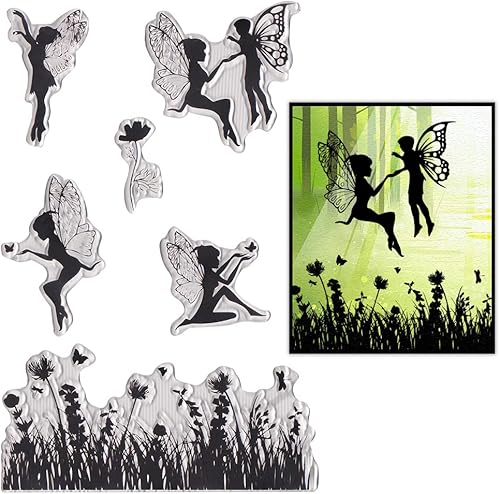 Miniatura 6 de ABTOLS Sellos transparentes de hada de mariposa para hacer tarjetas sellos de goma transparente con hongos de alce fondo de bosque de árbol sello