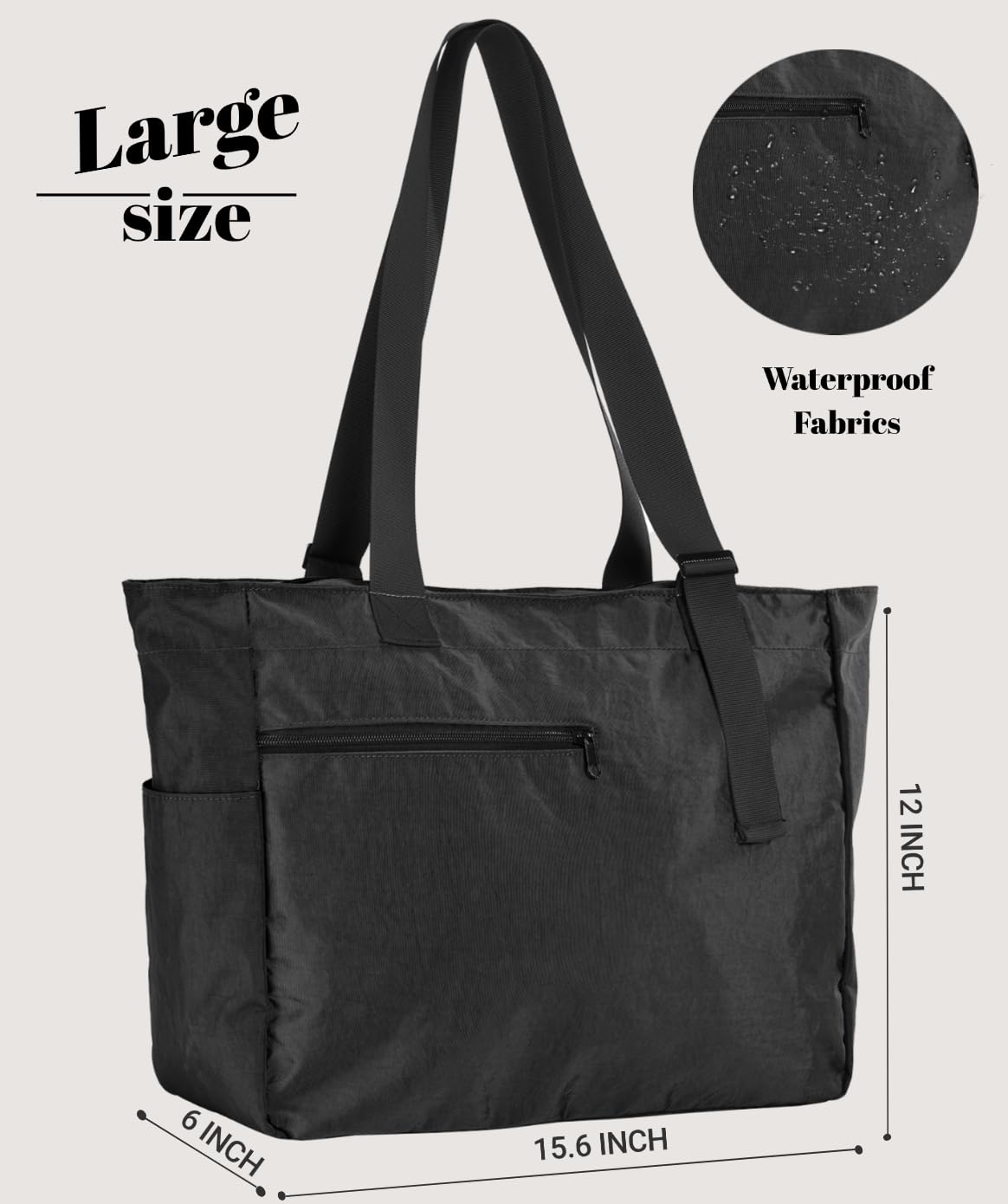 BAJNOKOU Tote Bag for Women Versatile Lightweight Casual Tote Large Shoulder adjustable strap Bags Handbag with Zipper for Gym,Travel, Overnight Trips,Marketing,Work,Beach,Black