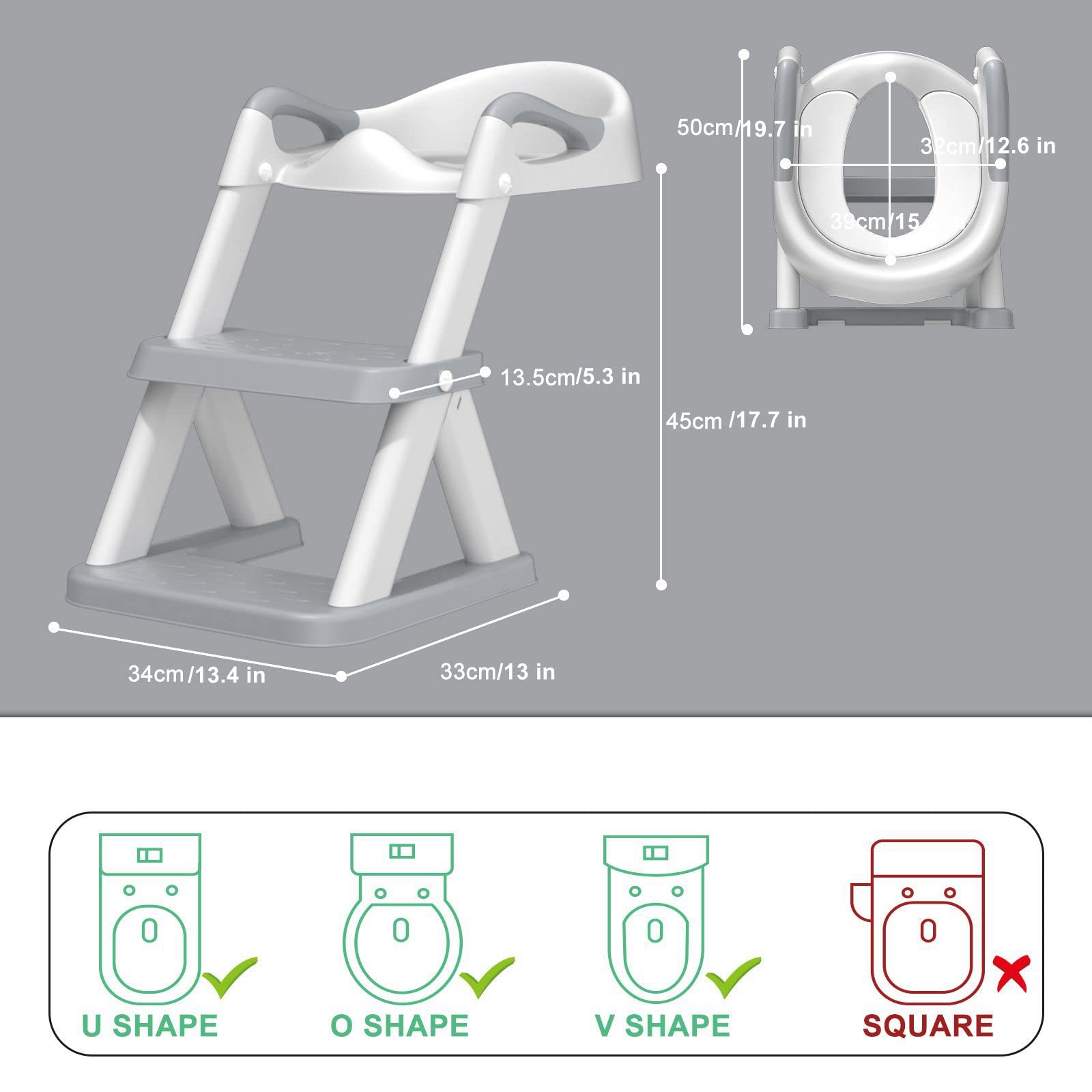 GLAF Potty Training Toilet Seat for Toddler with Tripod Step Stool Ladder Kids Potty Chair for Baby Boys Girls 2 in 1 Triangle Design Adjustable Potty Seat with Anti-Slip Pads and PVC Cushion (Grey)