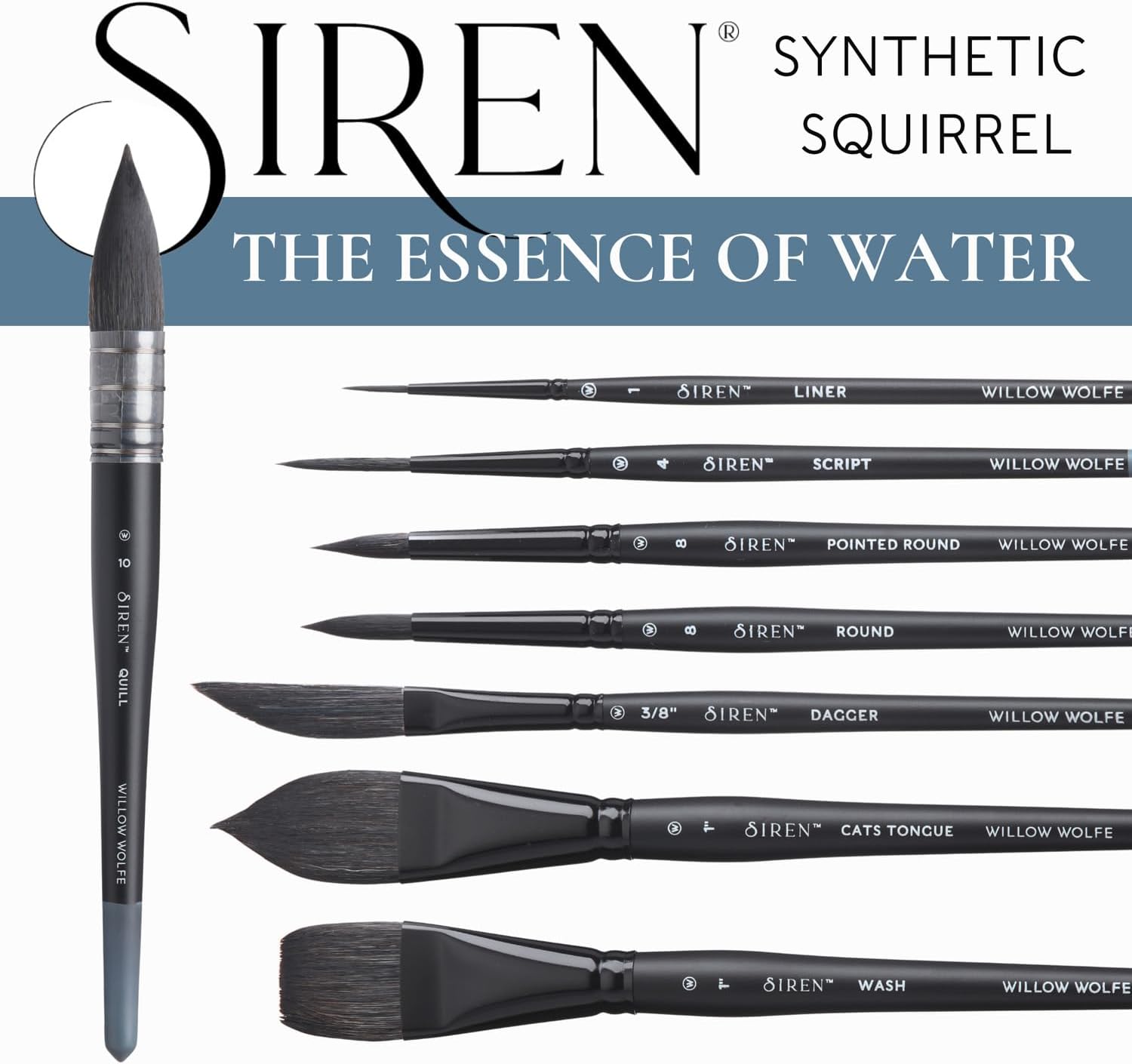 Willow Wolfe Siren Artist Watercolor Brush Set, Premium Blended Synthetic Black Squirrel Hair, Specialty Set of 4 Brushes (1100SET3)
