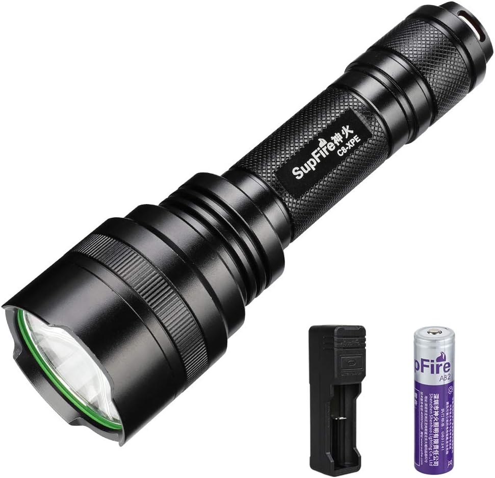 Supfire Tactical Flashlight LED Water-Proof Torch Super Bright 300 Lumens Cree XPE LED with 18650 Battery and AC Charger Included,5 Light Modes for Camping Hiking Cycling etc,Model C8-XPE