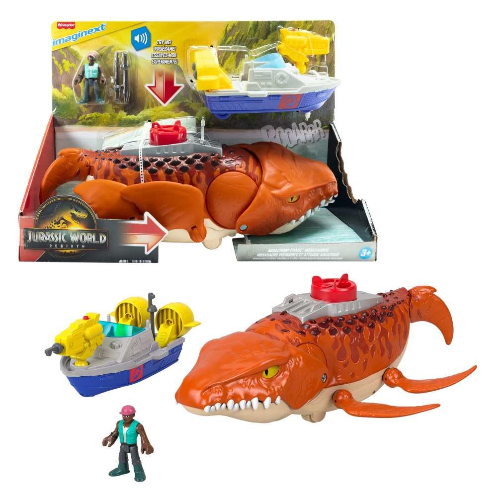 ​Fisher-Price Imaginext Jurassic World Rebirth Aquachomp Chase Mosasaurus 18-inch Dinosaur Toy with 3-inch Action Figure, Launcher Boat & 2 Projectiles, JFR23